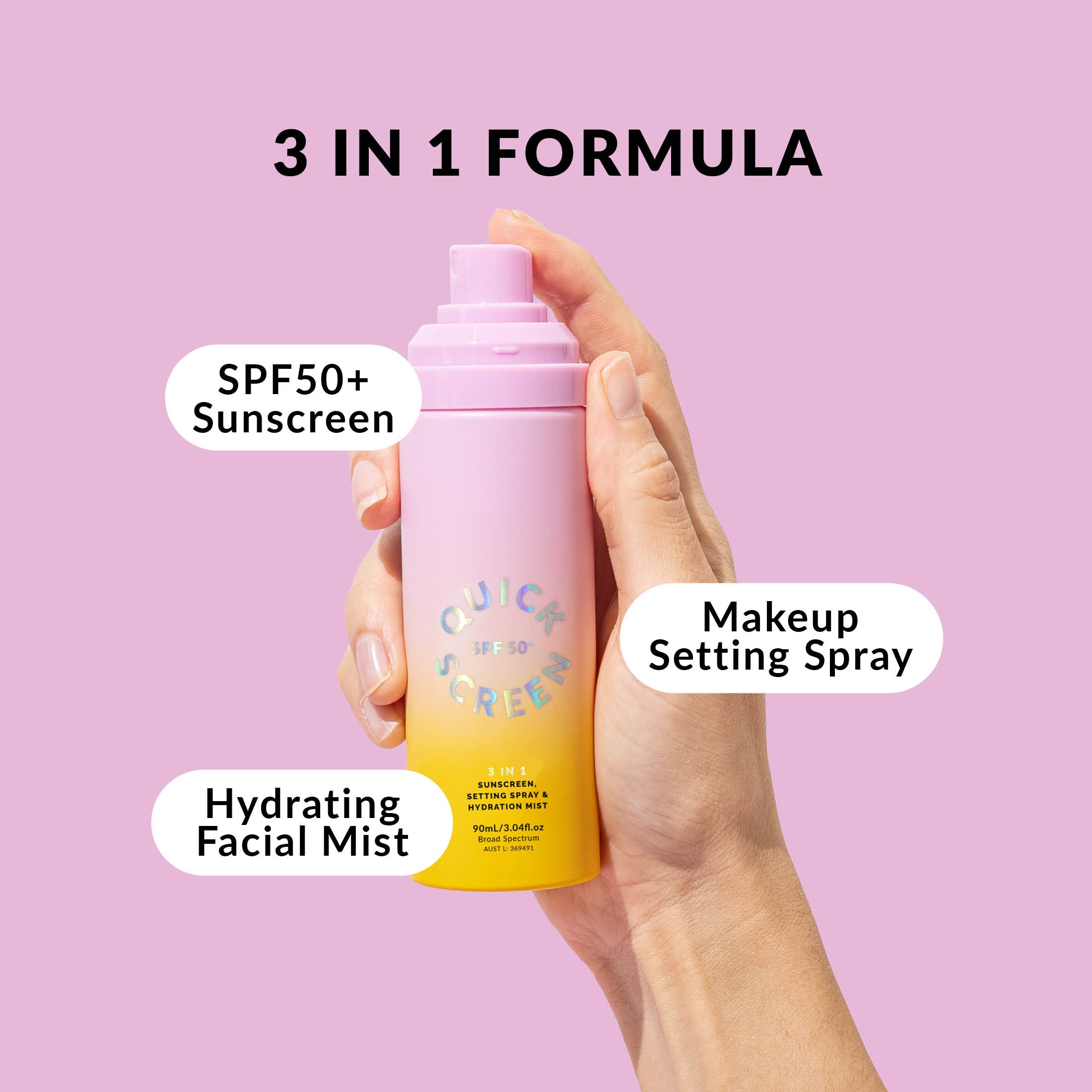 SPF50+ 3 in 1 Sunscreen, Setting Spray & Hydration Mist