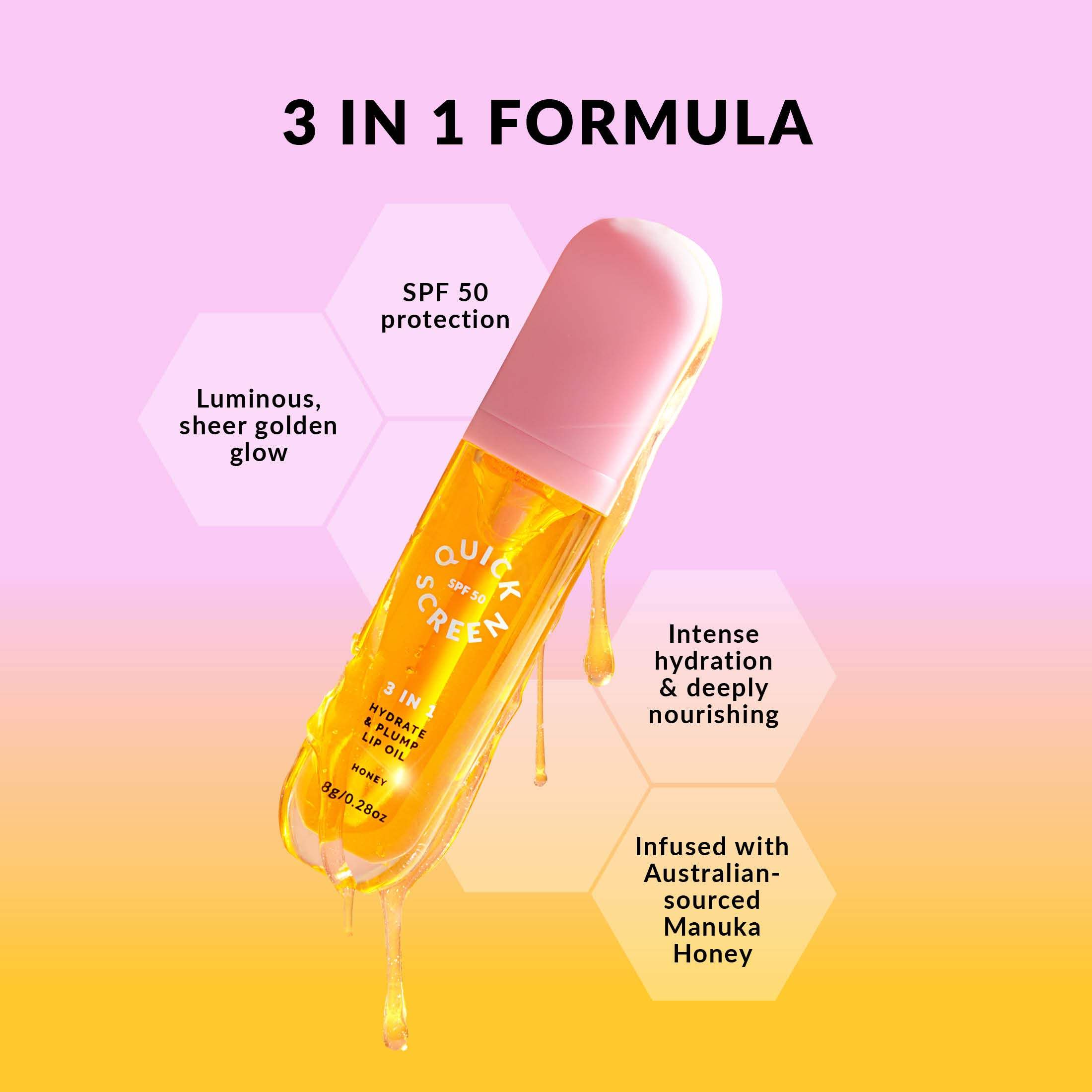 SPF50 3 in 1 Hydrate & Plump Honey Lip Oil - - Quick Flick