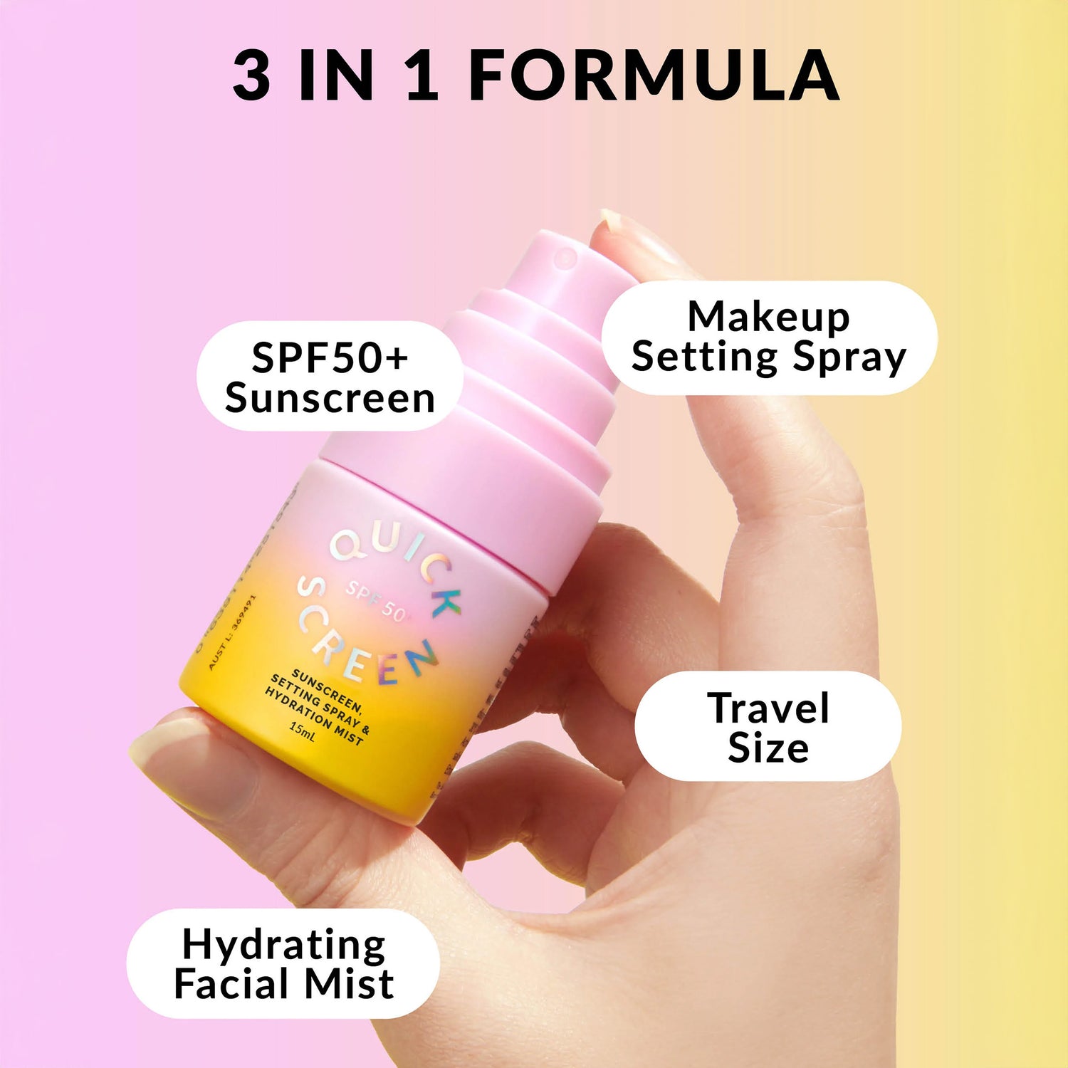 SPF50+ 3 in 1 Sunscreen, Setting Spray & Hydration Mist