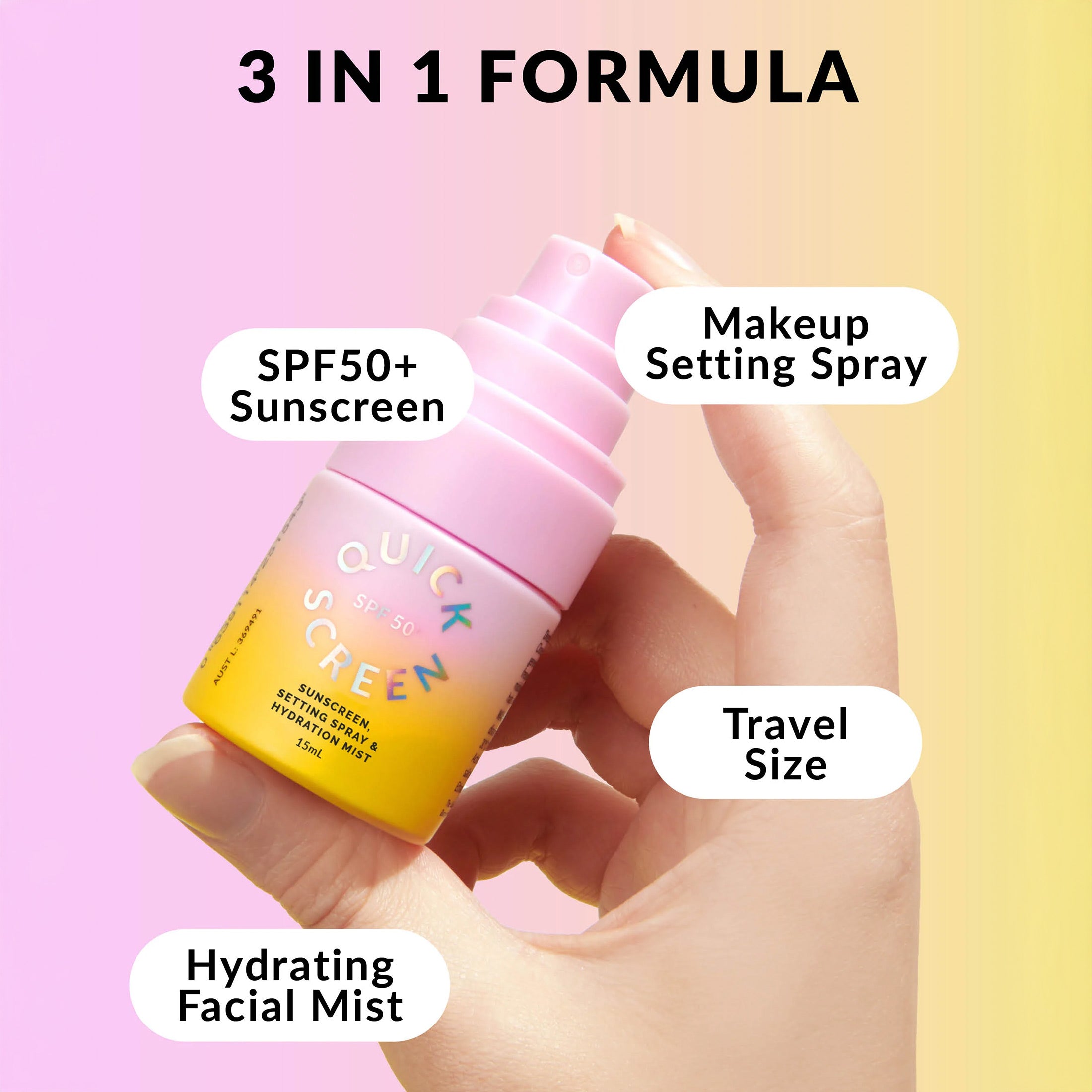 SPF50+ 3 in 1 Sunscreen, Setting Spray & Hydration Mist